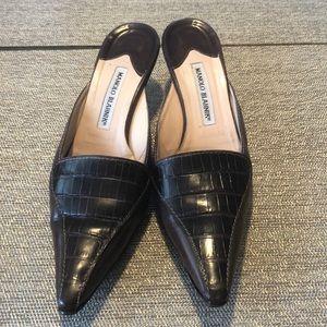 Manolo Blahnik leather croc detail mules